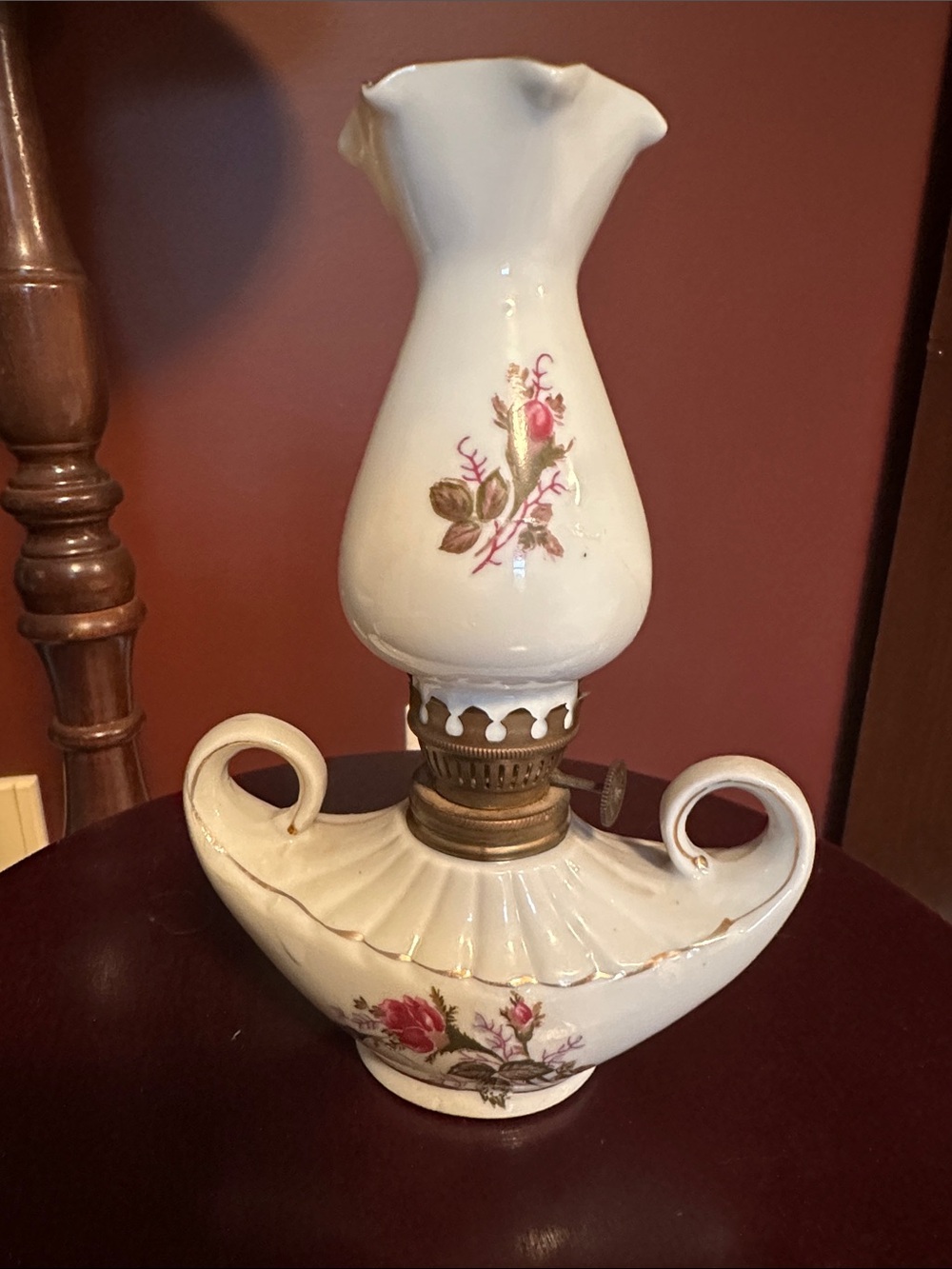 Vintage White Porcelain Floral Oil Lamp